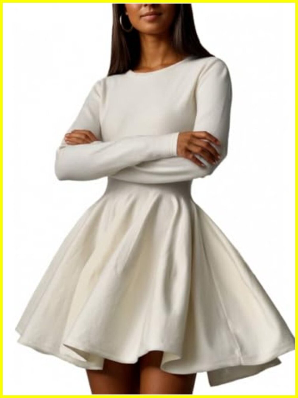 Women's Pleated Flared Knit Mini Dress Long Sleeve Slim Fit